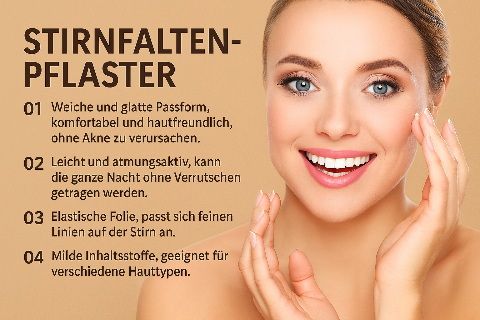 Anwendung des Stirnfalten-Pflasters von Lee-Loe direkt auf der Stirn – glättet Falten sichtbar